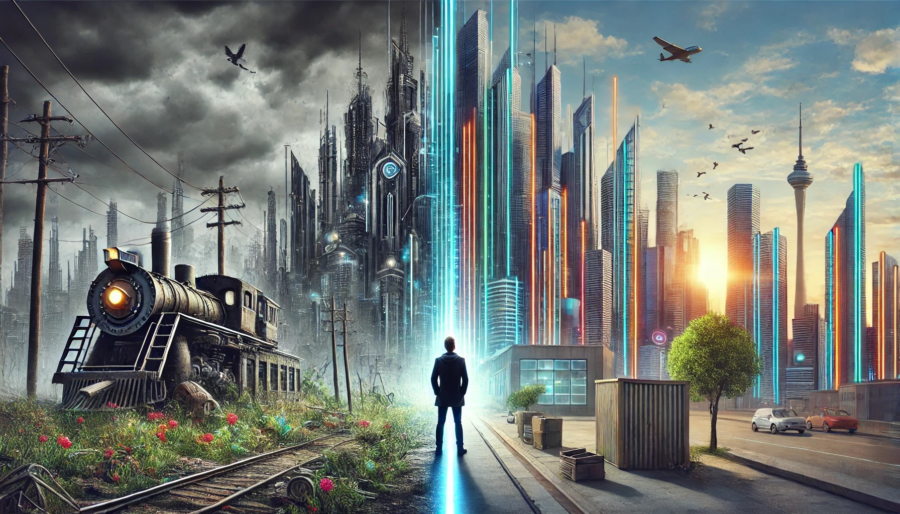 AI Generated image of a city scape left to ruin and a city scape highly developed.